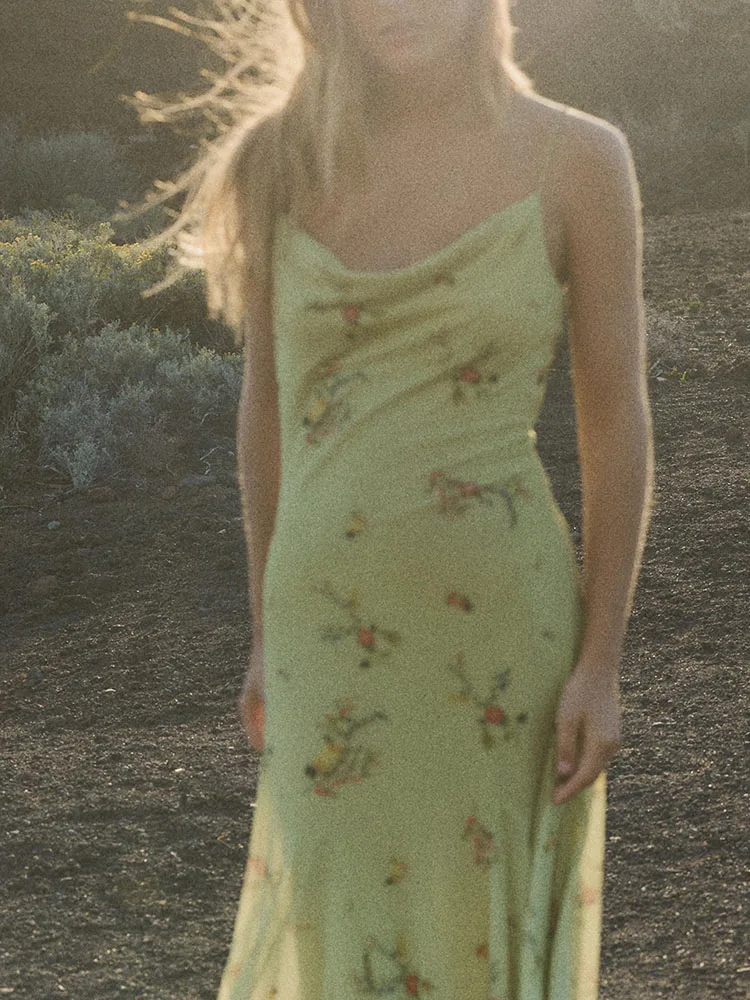 

Ele Floral Print Midi Dr Summer New Arrival Women's Sweet Sle High Waist A-Line Skirt V-Ne Svel Gown