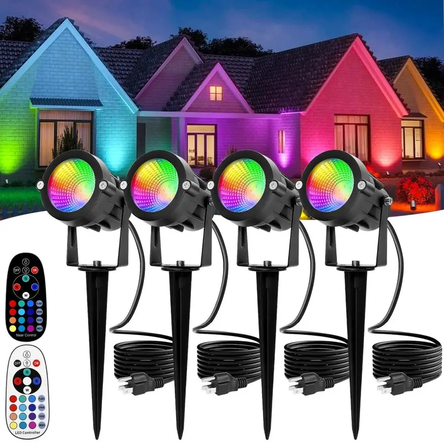 

Colored Spotlights Outdoor RGBW LED Spot Light Plug in 120V Remote Control 16 Color Changing Landscape Light Spot for Lawn Yard
