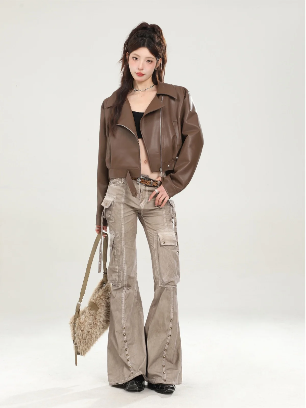 American Sle ort PU Leather Jaet Women's Autumn Winter Flip Collar Coat Small Size Faionable Biker Top for Youths