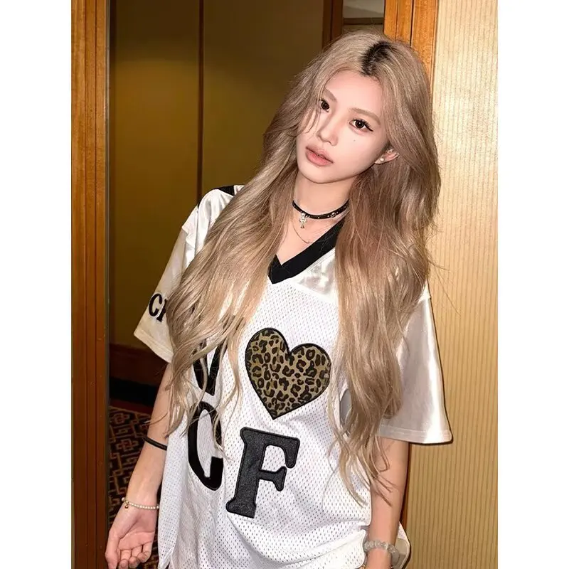 American Retro Jersey-Style Short-Sleeve T-Shirt for Women, Summer Leopard Print Contrast V-Neck