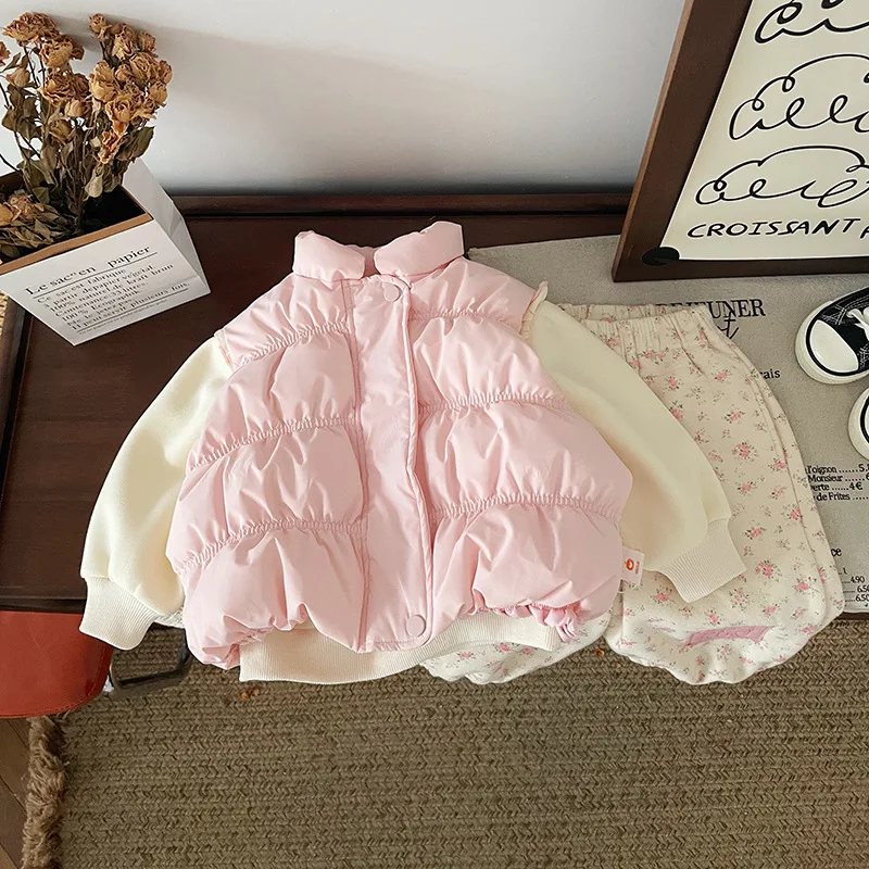 

Children Clothes New Winter 2025 Girls Korean Style Sweet Cotton Waistcoat Cartoon Fleece Hoodie Floral Fleece Casual Pants