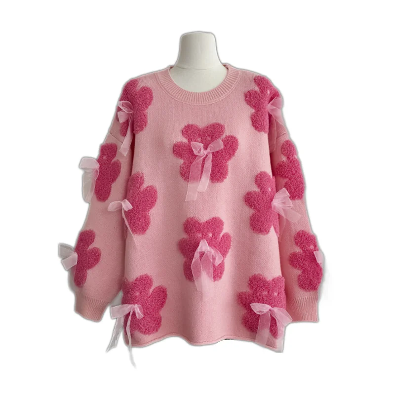 2024 New Autumn Winter Women Lazy Loose Pullover Sweater High Quality Sweet Bow Floral Jacquard Weave Knitted Sweater