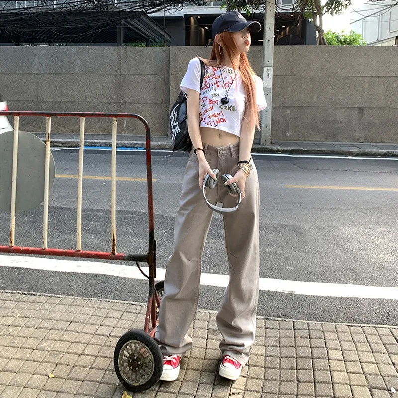 High Waist Straight Leg Embroidered Waed Denim Jeans Women's Summer Loose Wide Leg Slimming Drapey Long Pants Street Sle