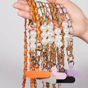 Šňůrka na telefon pro ženy s dlouhým koženým tkaným kovovým řetízkem s perlovým pouzdrem na telefon, univerzální šňůrka na telefon, diagonální křížová dekorace na tašku 10 nejlepší prodej Cordon telefon - №3