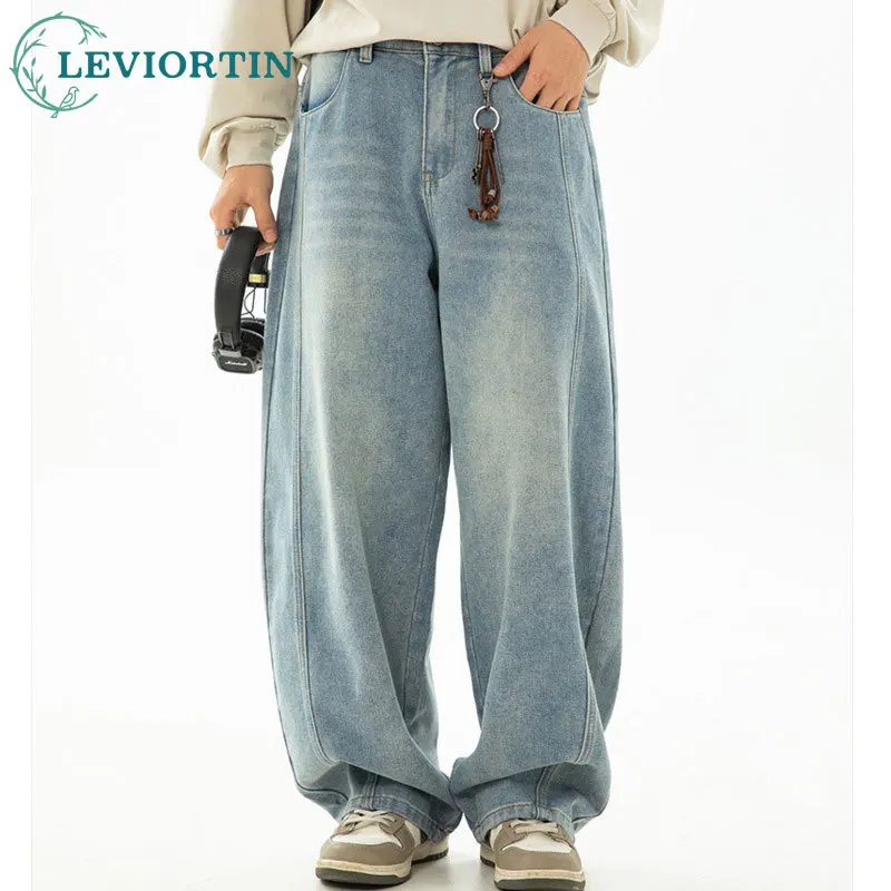 

2025 мужские весенние новые модные брендовые свободные потертые ковбойские брюки в стиле ретро с разделенной структурой и изогнутым ножом