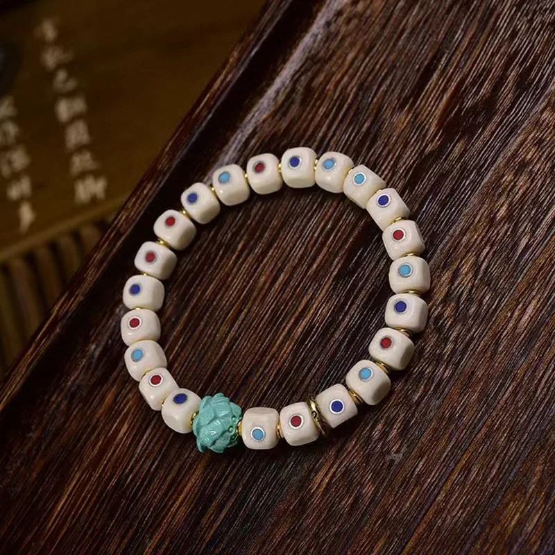 Backflow Bone Square Beads Crafts Single-Wrap Turquoise Accessories Retro Easy Matching Tibetan Bracelet Men and Wo