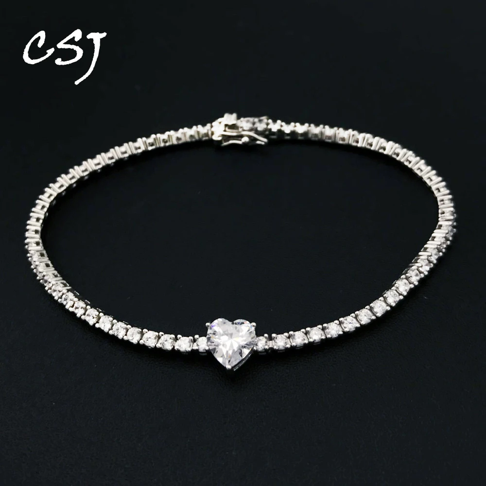 

CSJ Real Tennis Bracelet 925 Sterling Silver 18CM Setting Pave Sparkly Zircon Heart 7mm Bangle for Women Girl Party Jewelry Gift