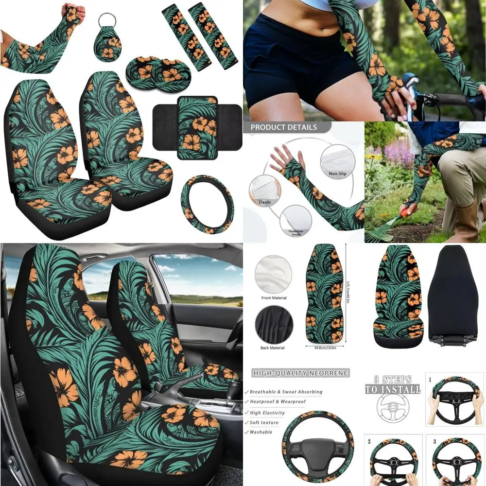 

Чехлы на автомобильные сиденья Hawaii Hibiscus, полный комплект, тропические пальмовые листья, автомобильные аксессуары для интерьера с чехлом на руль Island