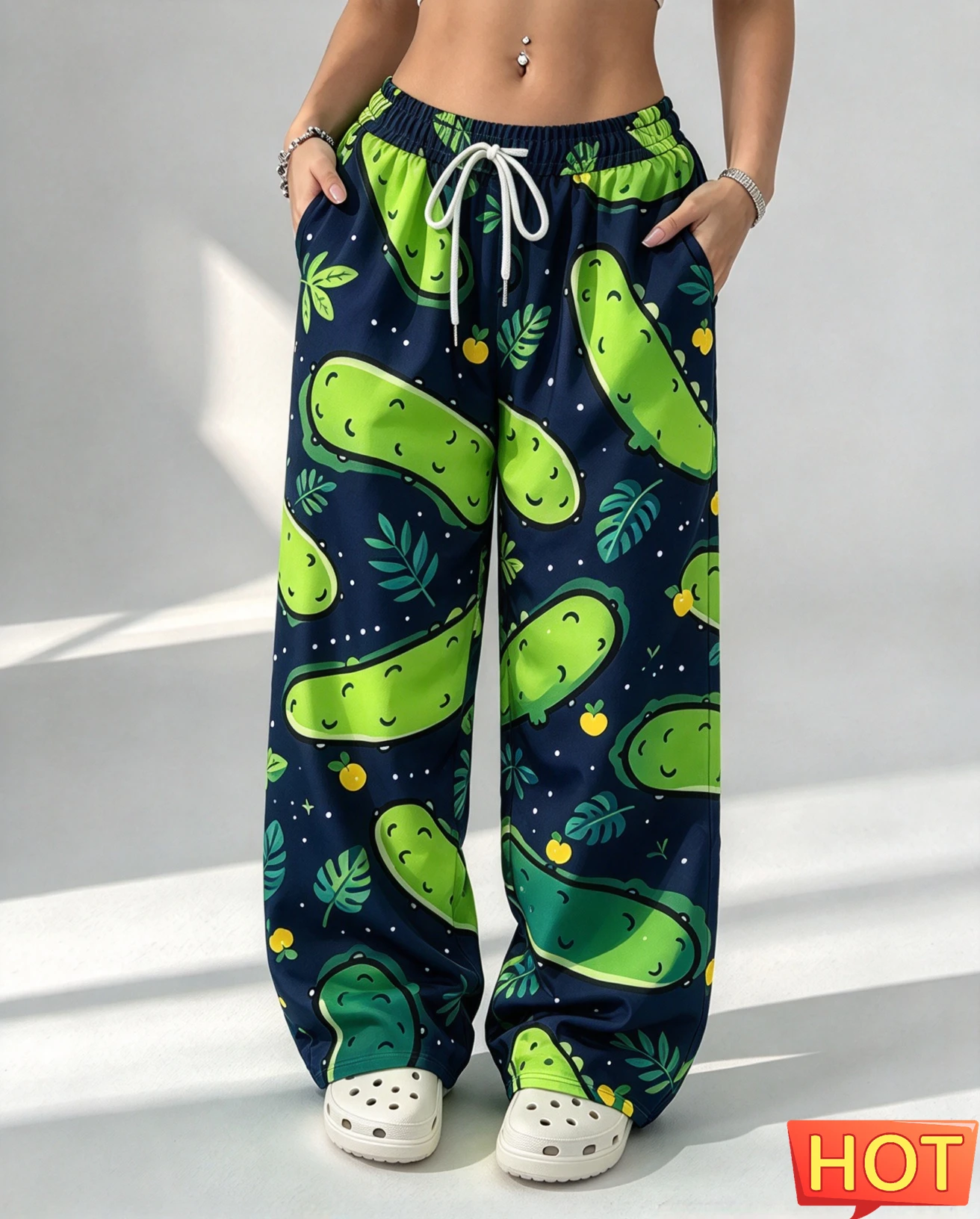 Cartoon Christmas Reindeer Print Female Pants Funny Santa Claus Pattern Wide Leg Pants Casual Loose Home Pants Woman Clothing