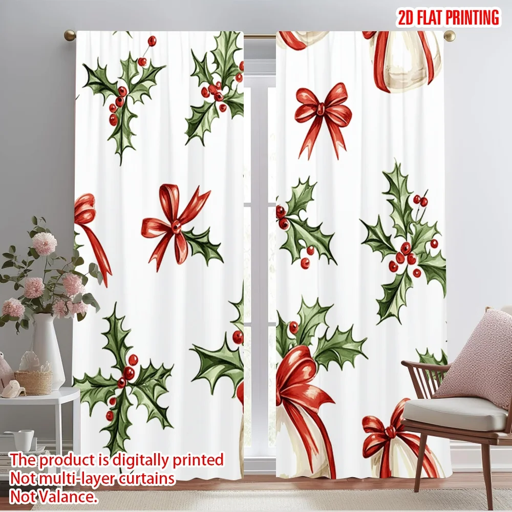 2pcs,2D plane printing Curtains Christmas Bells Ribbons Holly Versatile Polyester (without rod) Festive Ldeal for Bedroom,