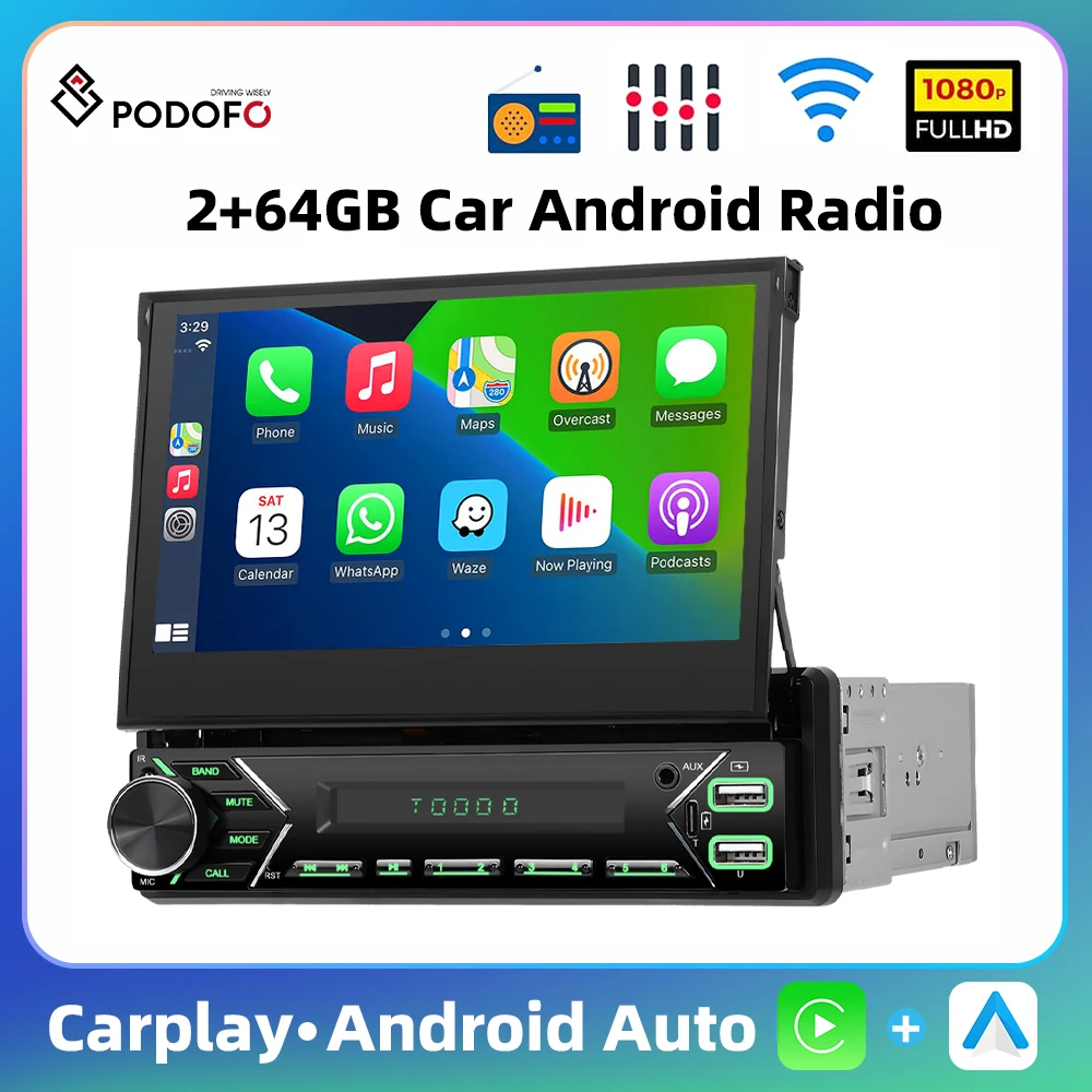 Podofo 1Din 7'' Touch Screen Android Radio MP5 Player Retractable Screen 2+64G Carplay Android Auto BT FM GPS Multimedia Player