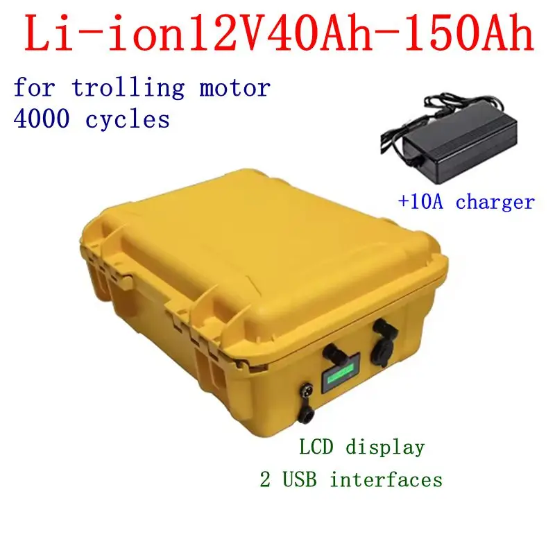 

12v100ah Waterproof h lithium battery 12v 40AH 60AH 80AH 120AH 150AH USB Solar Energy Storage Battery fishing boat + 10A charger