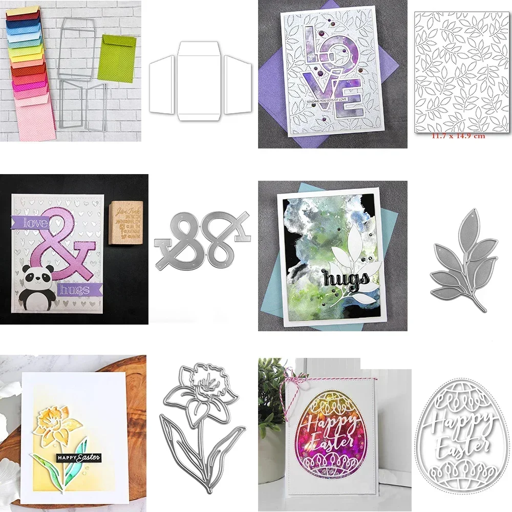 Quadratische Klappumschlag-Stanzformen mit Blattmuster-Hintergrund, Blumen, Fröhliches Ostern, Eier für DIY Scrapbooking und Kartenherstellung
