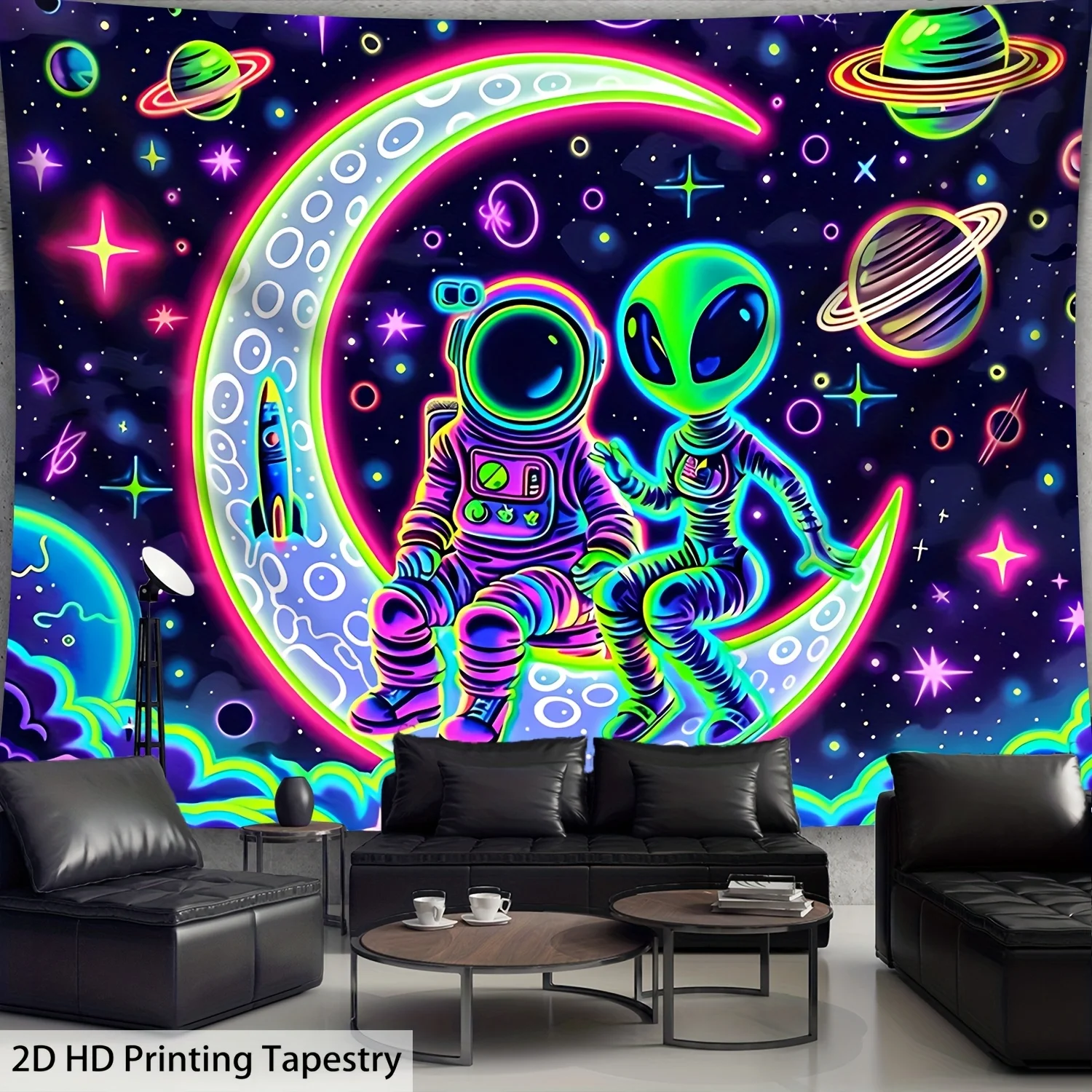 Neon Weltraum-Astronaut Wandteppich Halbmond Alien Cartoon Hintergrundtuch Atmosphäre-Dekoration Ins Wandbehang Raumdekoration