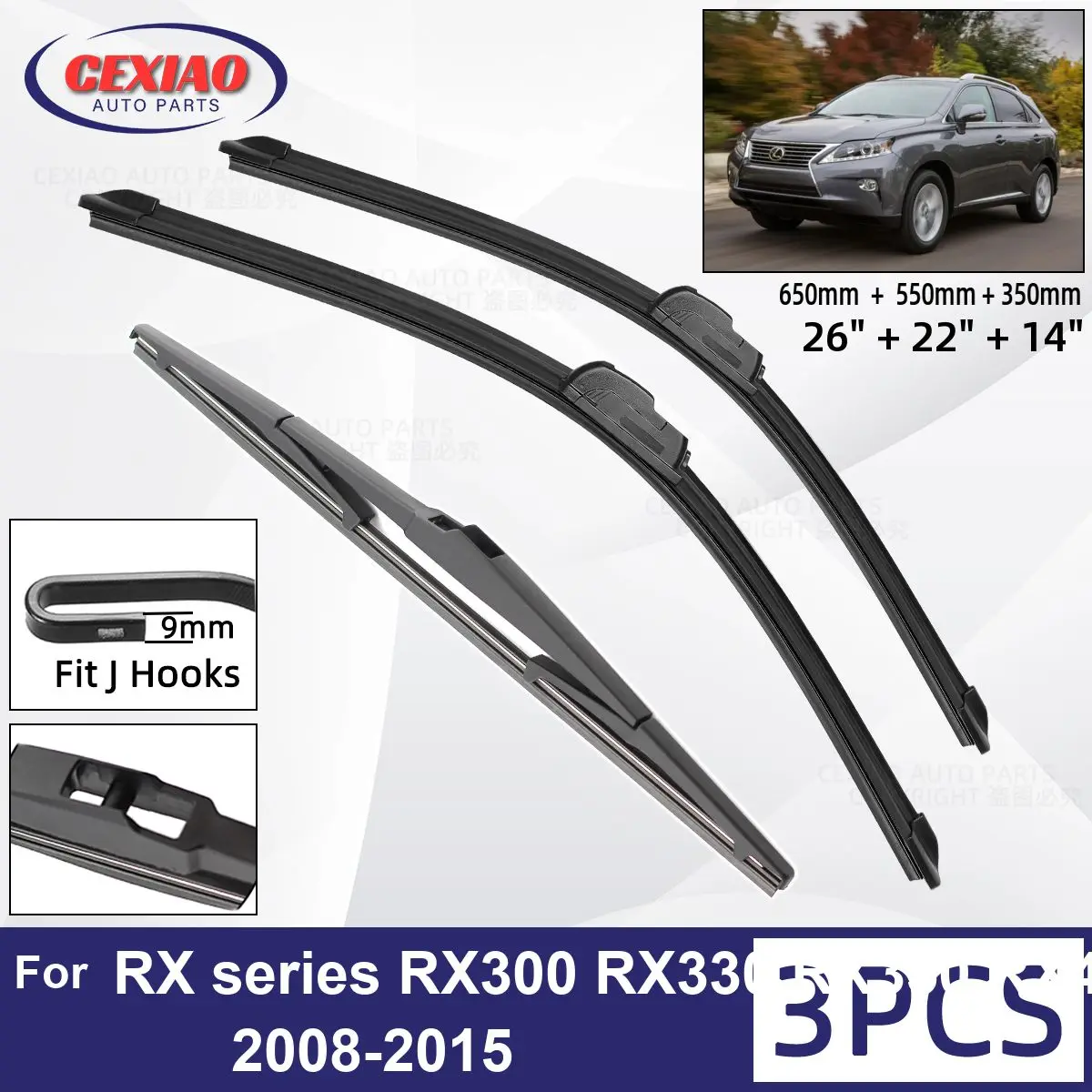 

For LEXUS RX series RX300 RX330 RX350 RX400H 2008-2015 Car Front Rear Wiper Blades Windscreen Wipers Auto Windshield 26"+22"+14"