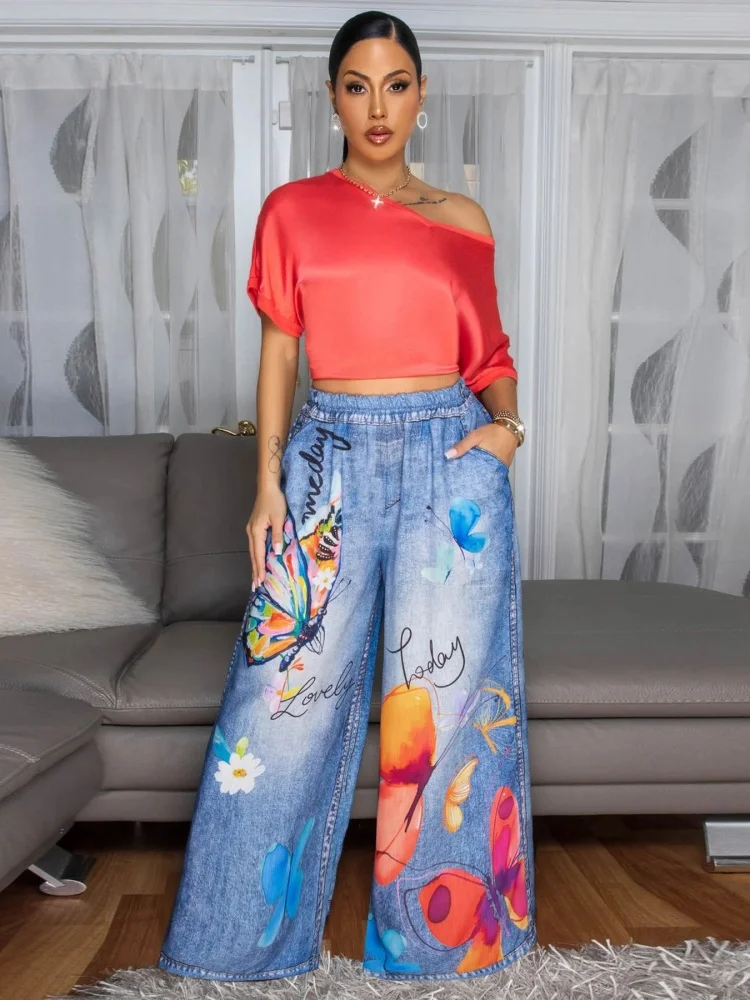 Wmstar Denim Pants Women Wholesale European American Foreign Clothing Russian European Printed Wide Leg Casual Summer 2025