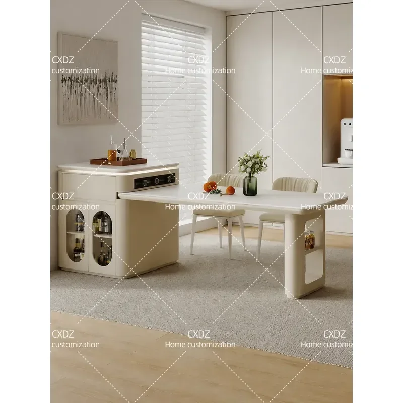French Style Kitchen Island Dining Table with Automatic Retractable Sintered Stone Top Integrated Household High End Center