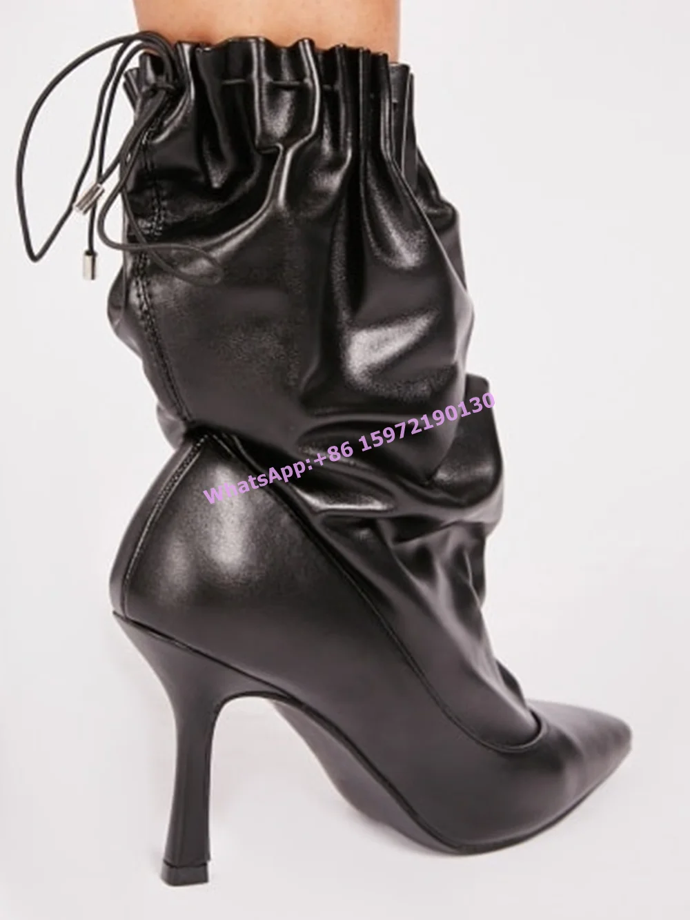 Elastic Band Pleated Ankle Boots Pointy Toe Thin Heels Solid Fashion Shoes Women's Runway Concise Elegant Mid Calf Slouch Shoes