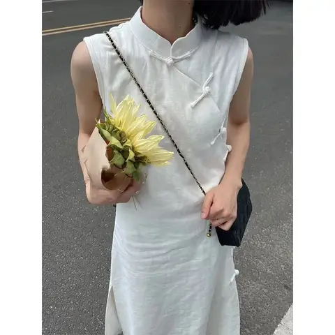 White Chinese Style Long Sleeveless Loose Summer Dress with Slit Stand Collar Floor Length A- Line Gown Elegant Casual Dress