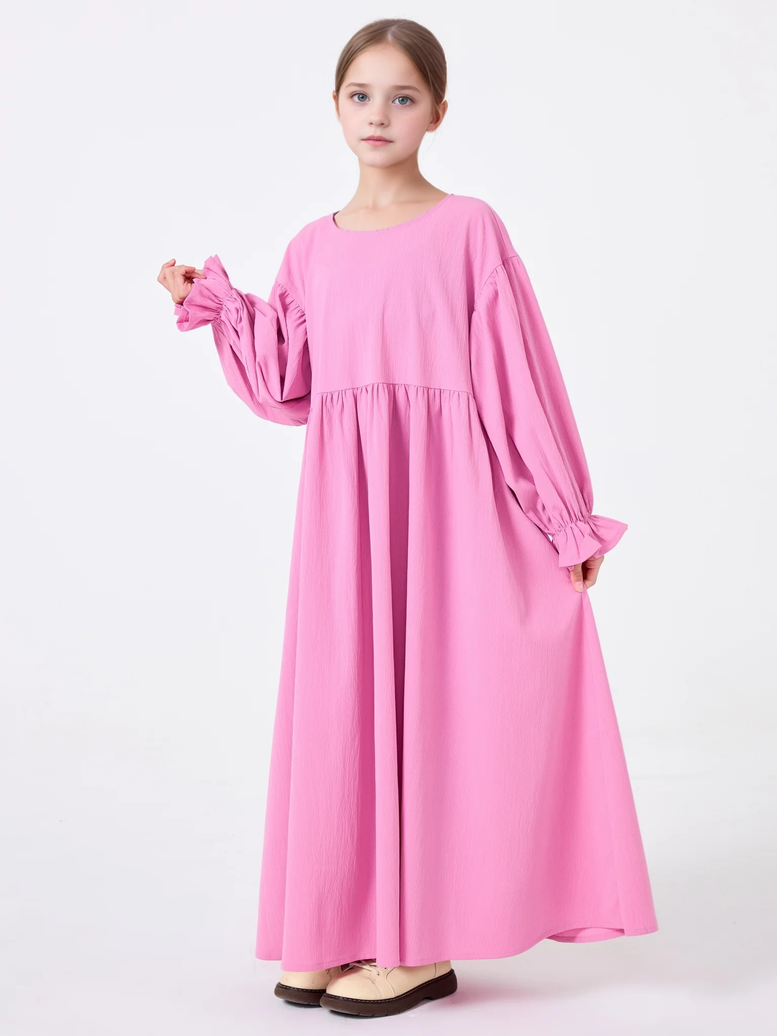 Middle Eastern Muslim Girls Abaya Solid Color Round Neck Flared Sleeve Dress