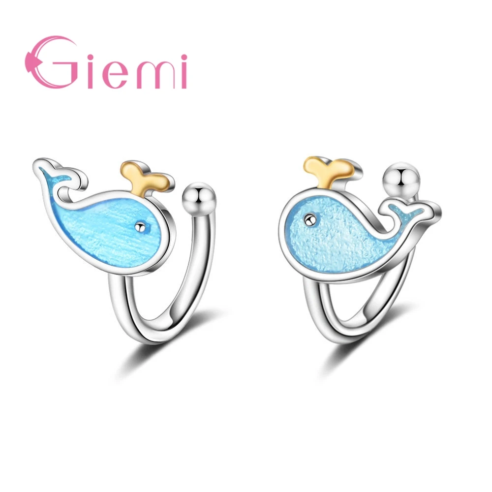 Cute Sweet 925 Sterling Silver Blue Little Whale Ear Clip Earrings For Women Girls Daily Anniversary Party Fashion Jewelry Gifts