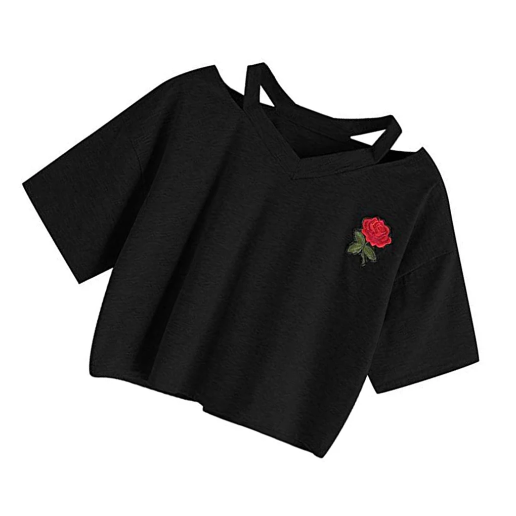 Frauen Sexy V-ausschnitt Gestickte Rose Kurze T-Shirt Damen Top Mädchen Bluse