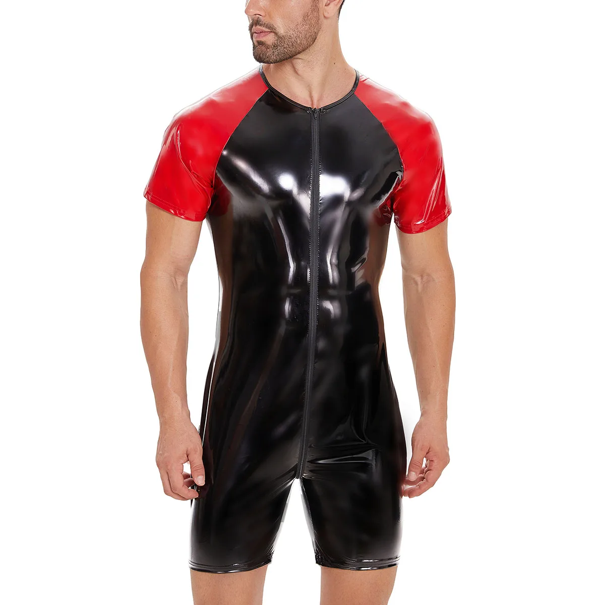 Double Zipper Open Crotch Shiny Leather Bodysuit Glossy PVC Leather Leotard Short Sleeve Shaping Latex Bodycon Crotchless Sexi