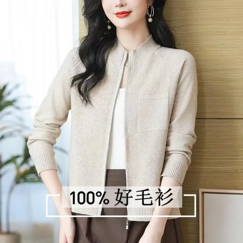 Chaqueta cárdigan para mujer primavera otoño 2025 nuevo cuello levantado prendas de punto con cremallera Joker suéter de mujer abrigo de estilo occidental Top de moda