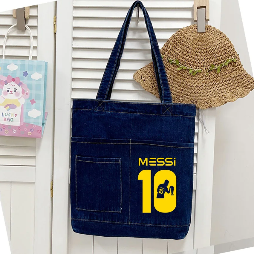 

Denim Tote Bags MESSI Number 10 Pattern Printed Work Commuting Carrying Bag College Style Student Outfit Book Shoulder Bag
