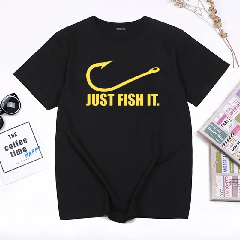 Men TShirt Funny  Love Fishing Just Fish It Angler Hook Bait & Tackle  Tops Summer Hombre Camisetas Streetwear Cotton