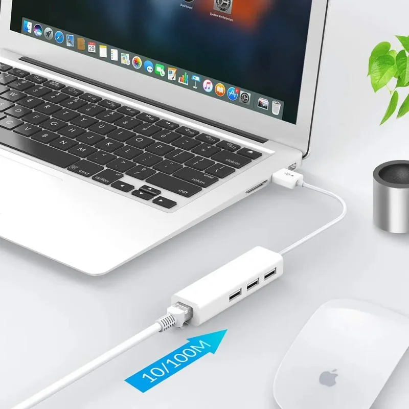 USB Ethernet с 3 портами, 2,0 дюйма, RJ45, сетевая карта, USB к Ethernet-адаптеру для Mac, iOS, Android, ПК, RTL8152, USB 2,0 концентратор