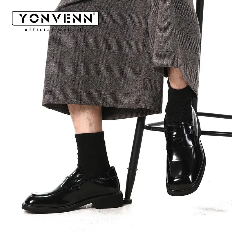 Top layer cowhide classic square toe loafers for men's business and leisure slip in glossy leather shoes work formal dress shoes