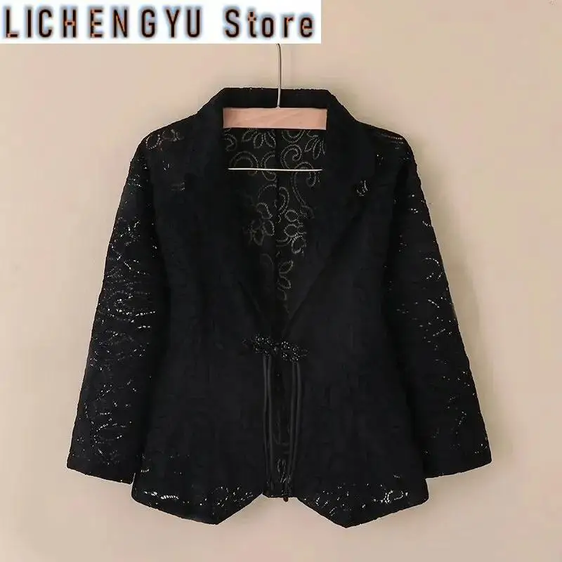 Women Blazer Jacket Spring Summer Thin Cardigan Sun Protection Clothing Hollow Lace Three-quarter Sleeve Suit Top Ladies