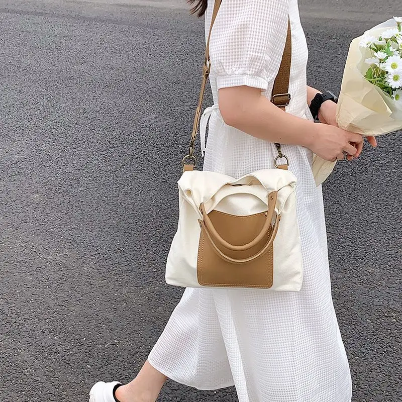 Simple Color Contrast Splice Canvas Female Crossbody One Shoulder Portable All-match Tote Bag The Latest Fashion Bags for Women