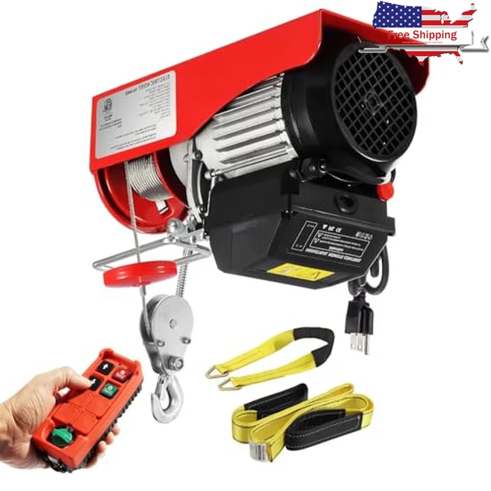 2200lbs Electric Cable Hoist Automatic Lift Wireless Remote Control 120V Overhead Crane Garage Pulley Winch Safety Brake System