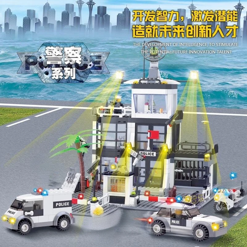 Police Station Military City Model Set Prison Car Policeman Boat Figures Building Blocks DIY Toy for Kids Birthday Boy Gift Moc