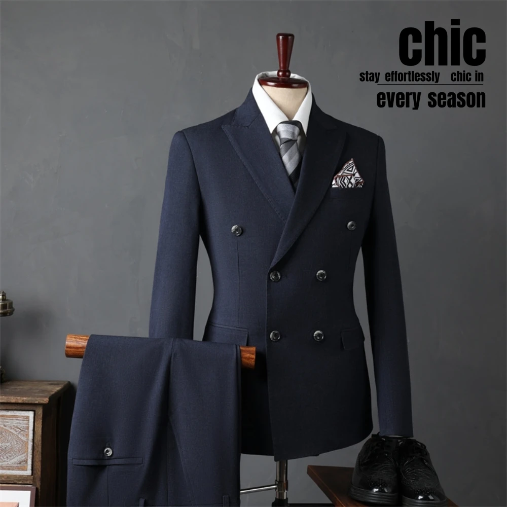 Chic Two Pieces Men's Suit Party Double Breasted Vocation Tuxedo Handsome Groom Wear Smooth Blazer Pants Hot Sale Dancing Set