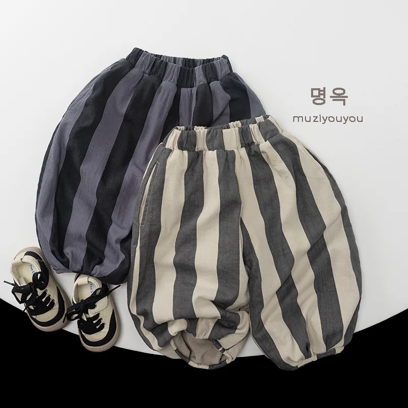 Korean Winter Kids Boys Straight Pant Plus Velvet Warm Infant Babys Boys Trousers Loose Thicken Striped Little Boys Carrot Pants