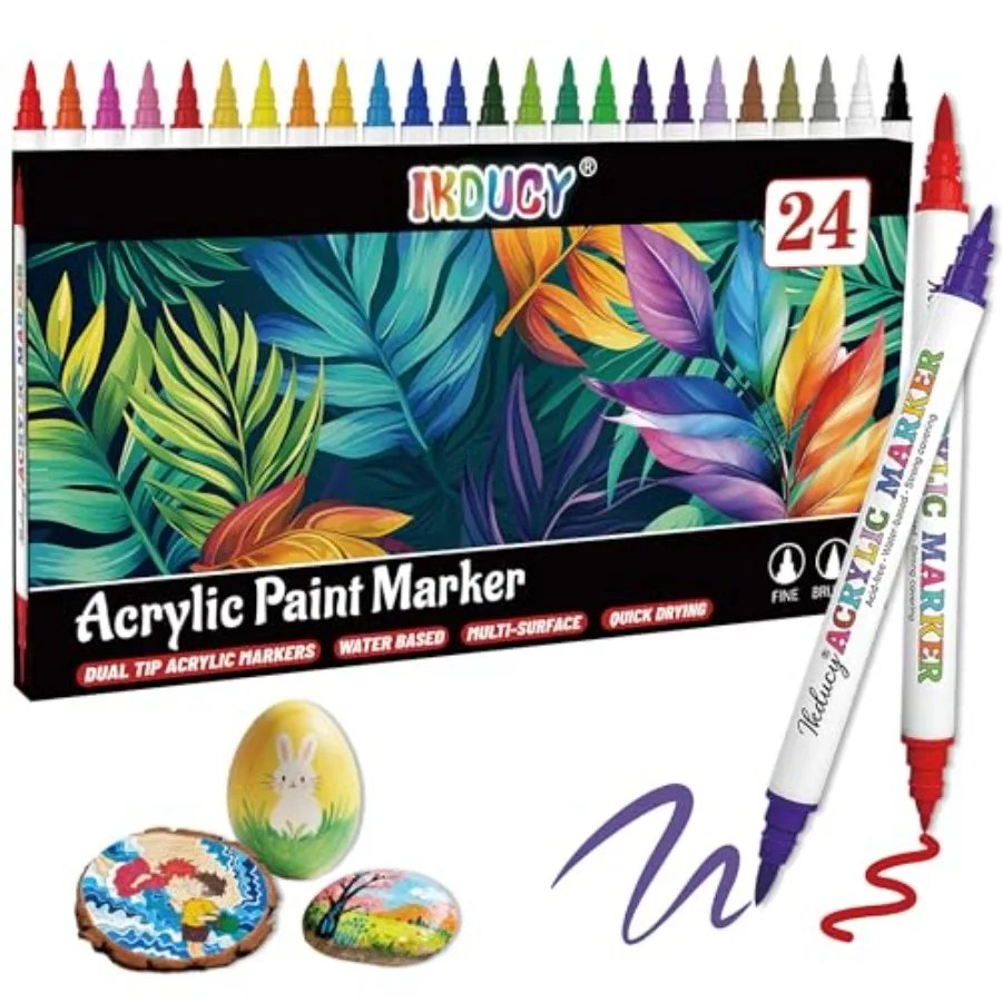 Dual Tip Acrylic Paint Markers Set, Fine Tip and Brush Tip Acrylic Paint Pens with 10 Pages Coloring Paper for Rocks, Wood, Can