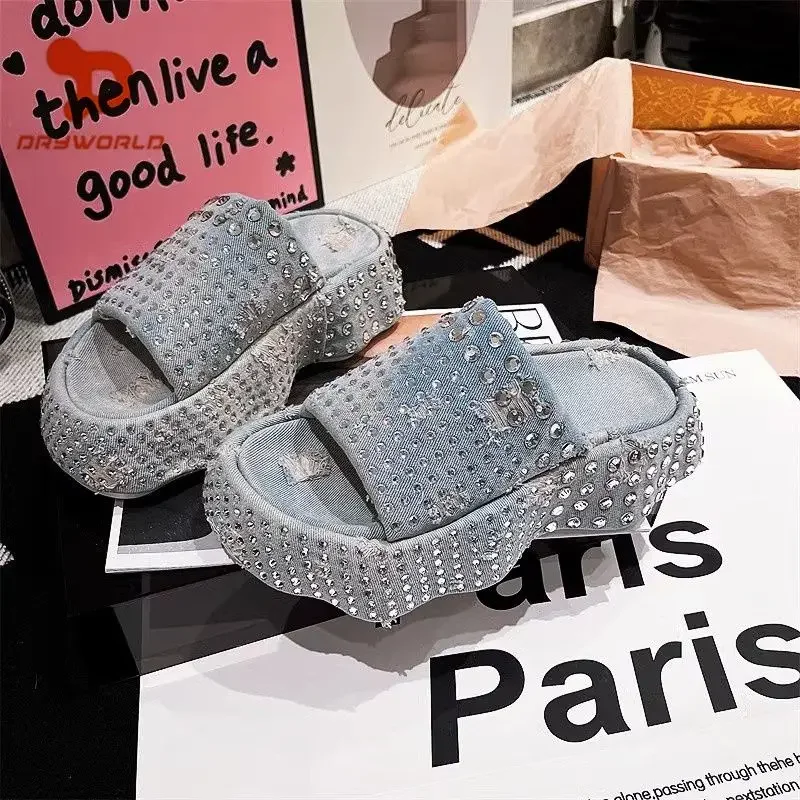 2024 Women Ripped Denim Rhinestone Platform Muffin Open Toe Sandals Special-Interest Design Wave Bottom Slippers