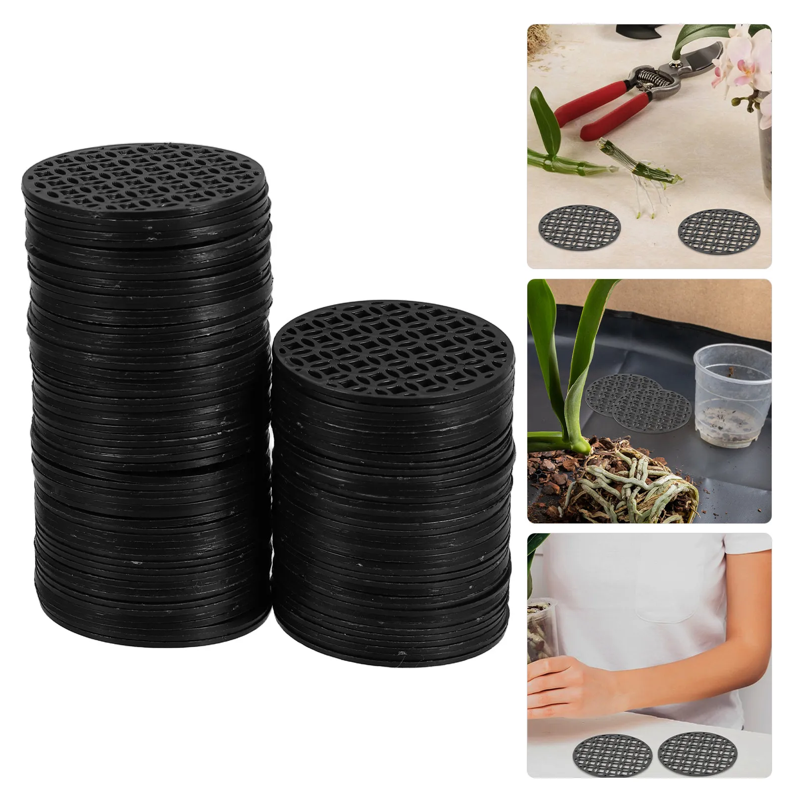 

100 шт. круглых сетчатых подложек для цветочных горшков, дренажные сетки для предотвращения уплотнения почвы, сетки для дренажных отверстий в дне горшков, решения для садового дренажа