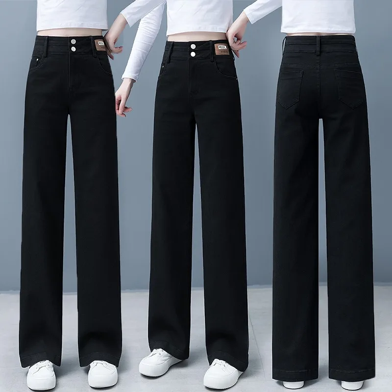 

High Waist Wide Leg Jeans Women's Bla Loose Fit Straight Leg Pants Spring Autumn New Sle Slimming Cotton Stretch Denim