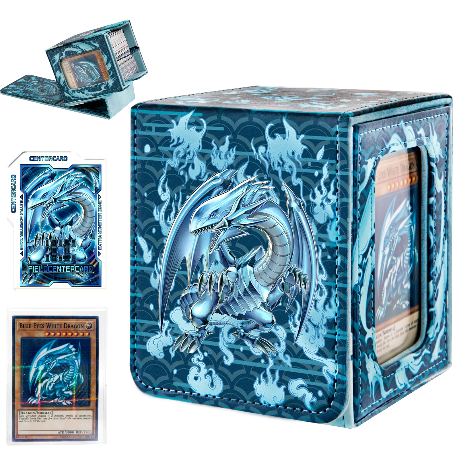Yu-Gi-Oh! Caja de Cartas Blue-Eyes White Dragon, Caja de Almacenamiento de Cartas Ygo con Ventana Abierta, Caja de Protección de Cartas Coleccionables de Cuero, Juguetes de Regalo