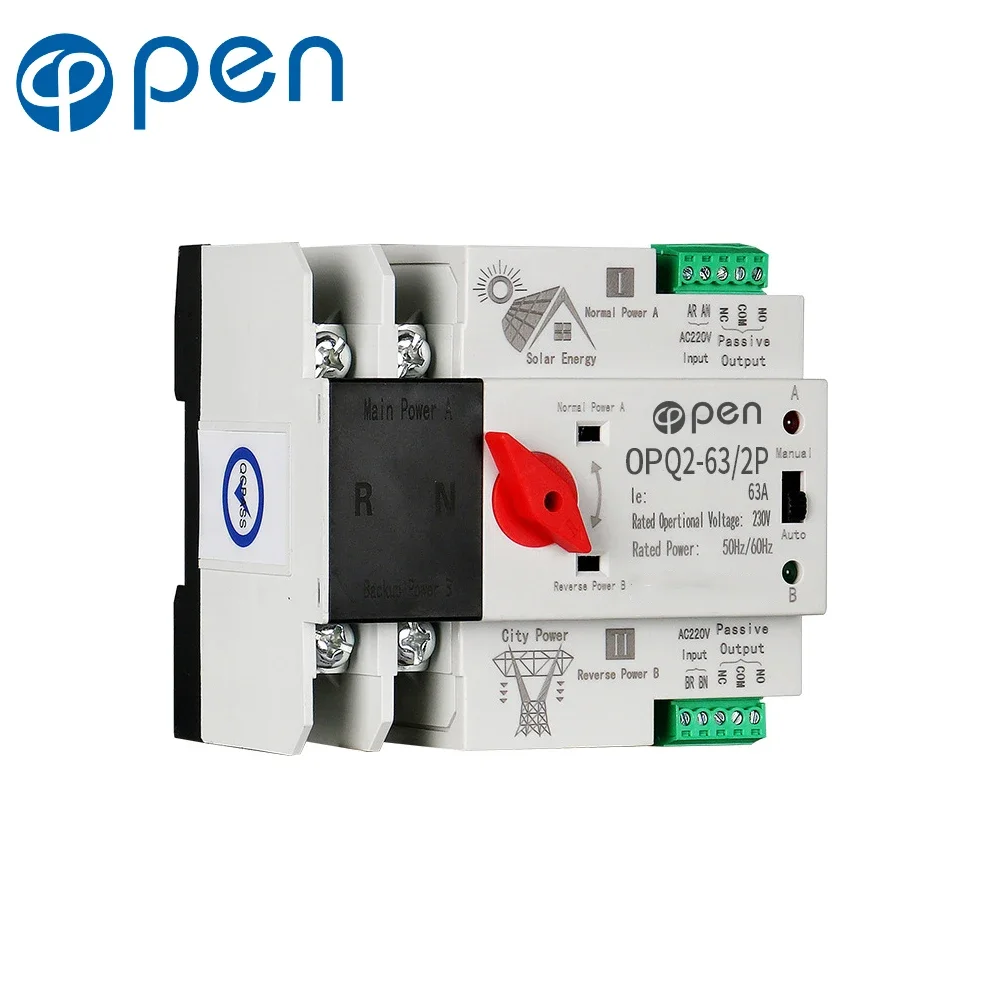 2P 63A Single Phase Din Rail ATS for PV and inverter Dual Power Automatic Transfer Selector Switches Uninterrupted