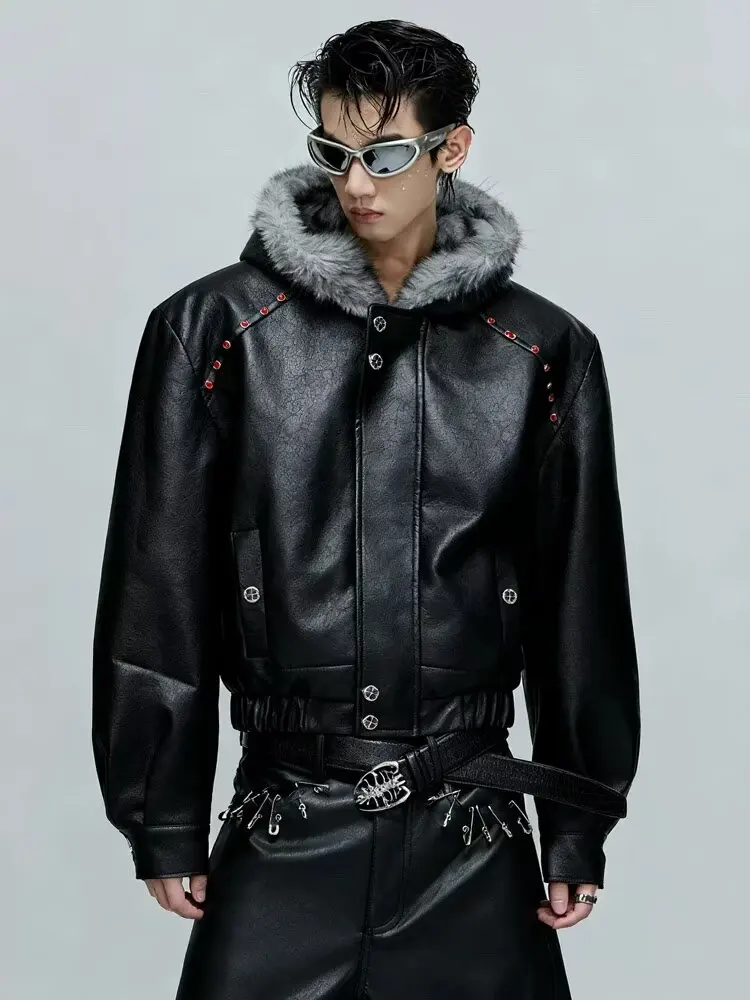 American Style Men's Padded Jackets PU Leather Faux Fur Fleece Thickened Solid Color Loose Male Hooded Warm Coats Tide