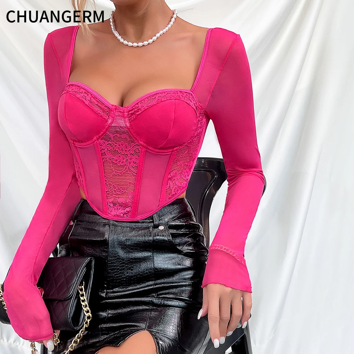 CHUANGERM Sexy Lace Mesh Bustier Women's Y2k Corset Gauze Backless Slim Crop Top Square Neck Casual Tank Top T-shirt Camisol