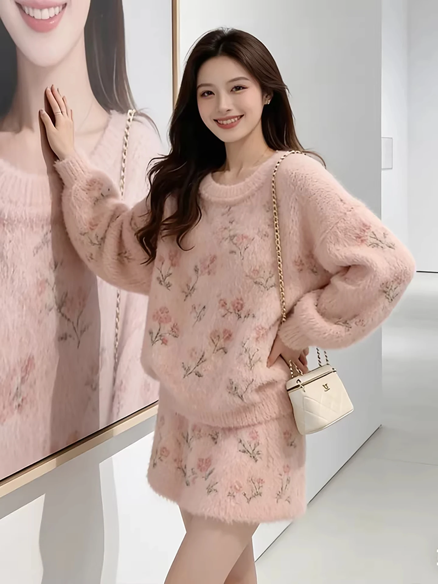 

Pink Knitted Sweater And Skirt Two-Piece Set Women's Faion Autumn Winter Chic Sle Breathable Medium Thin