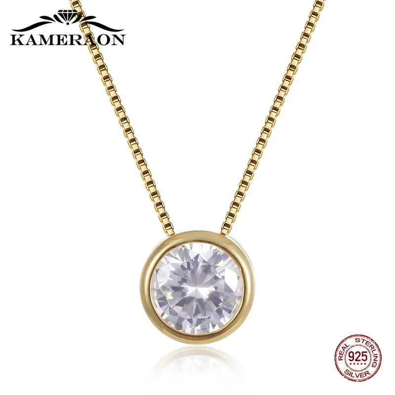 Kameraon 925 Sterling Silver Jewelry Women Personality Round Simulated Diamond Necklace Gold Silver Color Wedding Pendants Gift