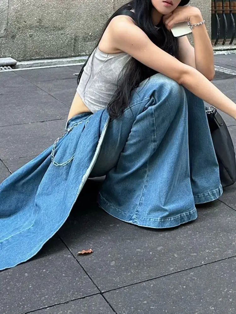 Hot Girl Design Is Irregular and Fashionable Spliced Jeans for Women 2024 Autumn and Winter New Fake Two-piece Flared Pants