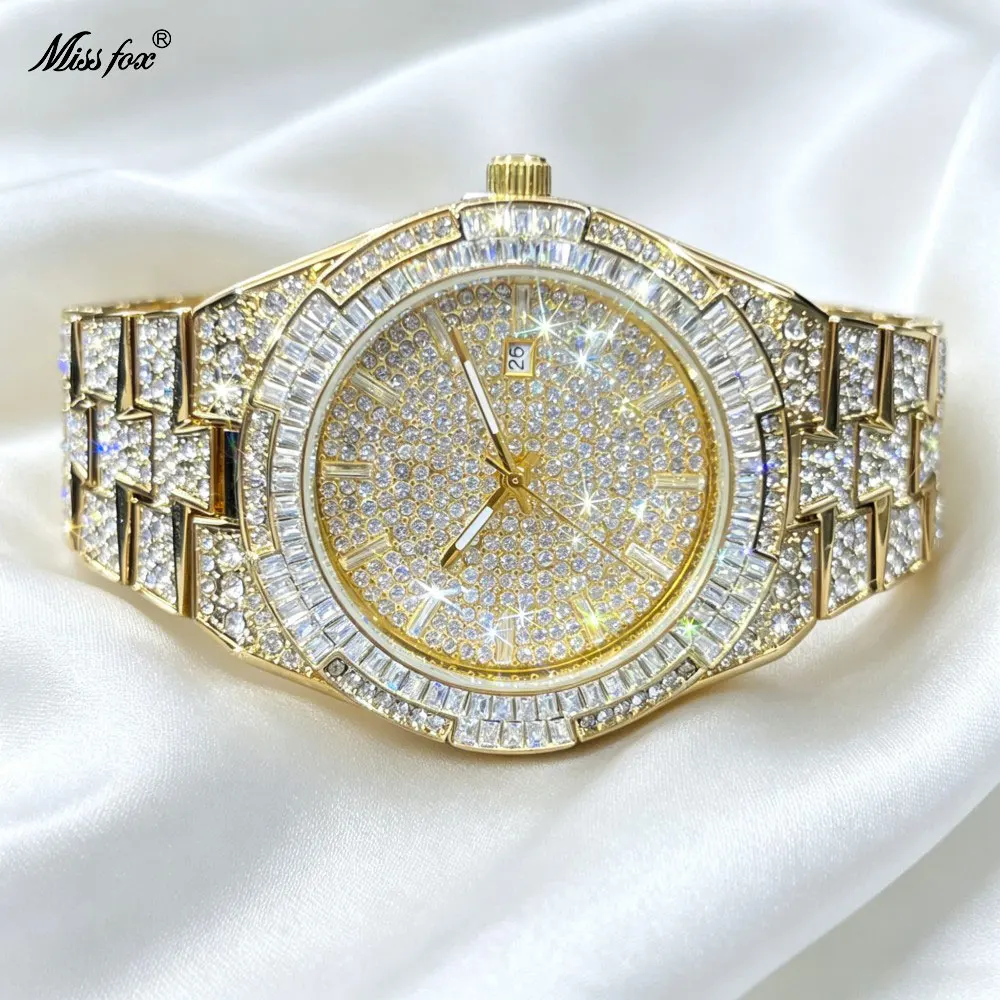 2027 MISSFOX Luxury Iced Out Watches Men Fashion Automatic Date Quartz Wristwatch Man Hip Hop Diamond Clock Reloj Free Shipping